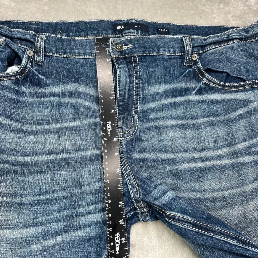 BKE Seth Jeans Men 46x32 Fit 46x29 Blue Medium Wash Whiskered Straight Leg Denim